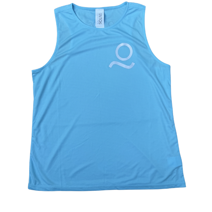 Blue sleeveless shirt with a white logo on a white background