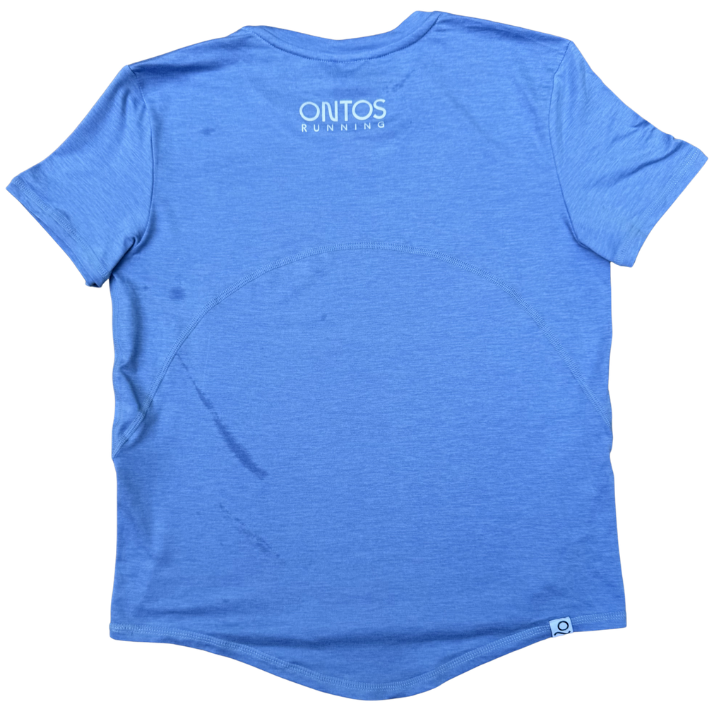 Purple t-shirt with a brand logo on the back against a white background