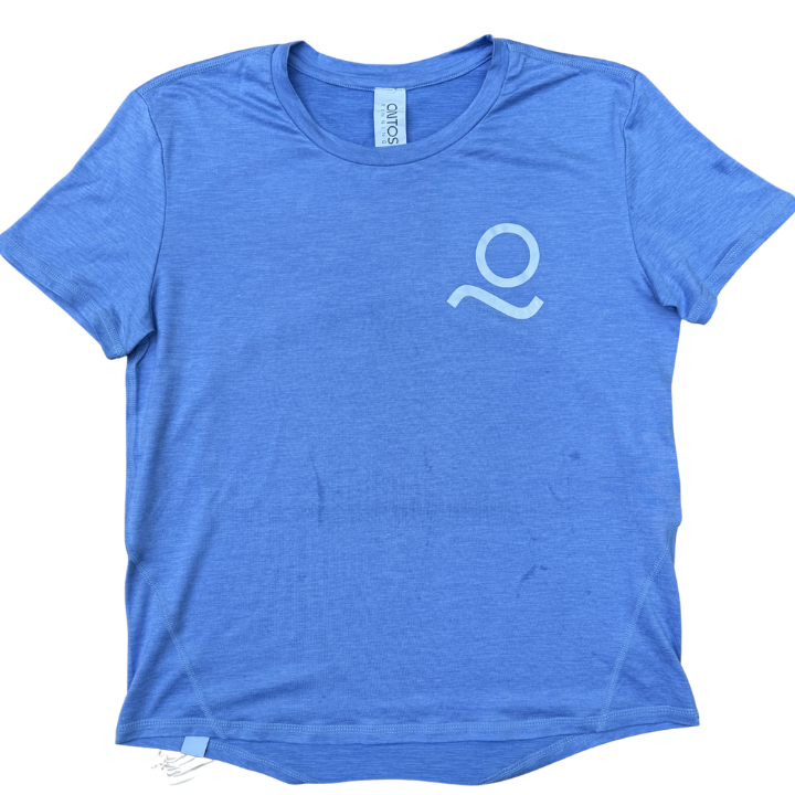 Purple t-shirt with a white logo on a white background