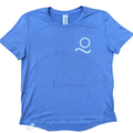 Purple t-shirt with a white logo on a white background