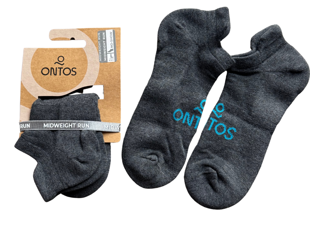 Gray ankle socks with 'Ontos' branding on a white background